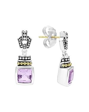 Lagos 18k Gold And Sterling Silver Caviar Color Drop Earrings With Rose De France Amethyst