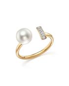 Cultured Freshwater Pearl And Diamond Bar Bypass Ring In 14k Yellow Gold - 100% Exclusive