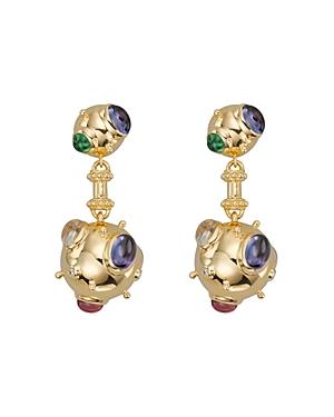 Temple St. Clair 18k Yellow Gold Cosmos Double Drop Earrings With Royal Blue Moonstone, Tsavorite, Tanzanite, Pink Tourmaline And Diamonds