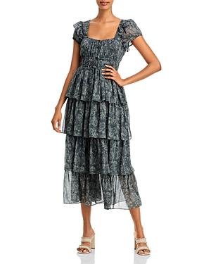Likely Moss Square Neck Tiered Ruffle Midi Dress