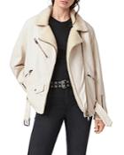 Allsaints Oversized Denim Biker Jacket With Chunky Zips And Faux Sherpa Lining