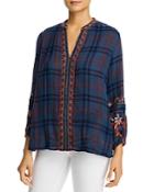 Johnny Was Lainai Embroidered Plaid Top