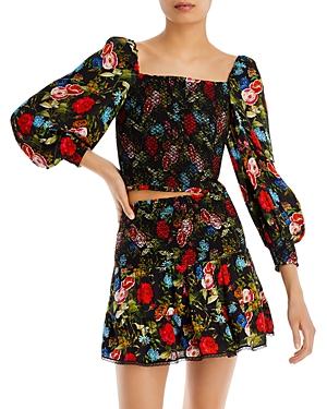 Alice And Olivia Floral Print Balloon Sleeve Smocked Top