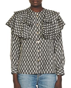 Sandro Reine Printed Ruffled Silk Blouse