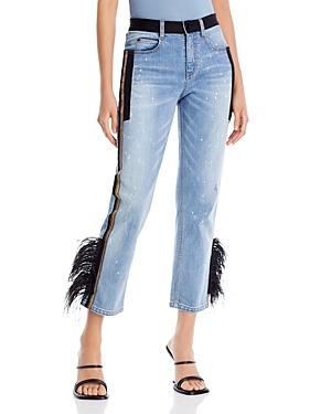 Hellessy Clovis Feather Trim Straight Leg Jeans In Medium Wash