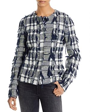 St. John Fil Coupe Fringe Plaid Tweed Knit Jacket