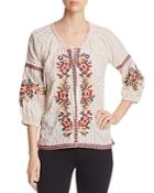 Johnny Was Juliene Striped Embroidered Peasant Top