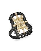 Armenta 18k Yellow Gold & Blackened Sterling Silver Old World White Sapphire & Champagne Diamond Scalloped Ring