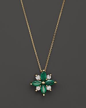 Emerald And Diamond Flower Pendant Necklace In 14k Yellow Gold, 18