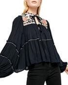 Free People In Vivid Color Embroidered Peasant Top