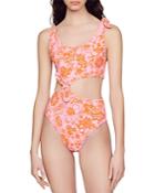 Sandro Auriane Floral Print Terry Cutout One Piece Swimsuit