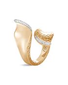John Hardy 18k Yellow Gold Classic Chain Pave Diamond Wave Hammered Bypass Ring