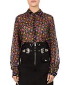 The Kooples Floral Print Cropped Silk Shirt