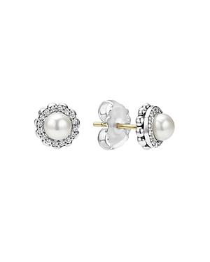 Lagos Sterling Silver Luna Cultured Freshwater Pearl Fluted Stud Earrings With Diamonds