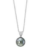 Bloomingdale's Black Tahitian Pearl & Diamond Baguette Pendant Necklace In 14k White Gold, 16-18 - 100% Exclusive