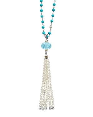 Lagos 18k Gold & Sterling Silver Caviar Forever Sky Blue Topaz & Cultured Freshwater Pearl Tassel Pendant Necklace, 36