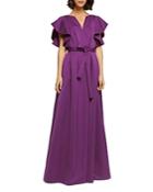Paule Ka Flutter Sleeve Tie Waist Gown