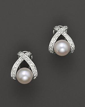 Cultured Pearl X Earrings With Diamonds, 7-7.5 Mm