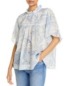 See By Chloe Illustration Print Ruffled Neck Crepe Top