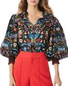 Alice And Olivia Embroidered Floral Puff Sleeve Top
