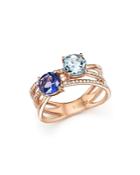 Tanzanite, Aquamarine And Diamond Two Stone Ring In 14k Rose Gold