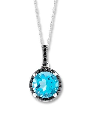 Blue Topaz And Black Diamond Halo Pendant Necklace In 14k White Gold, 18