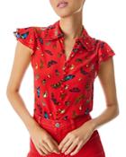 Alice+olivia Martel Butterfly Print Silk Flutter Sleeve Top