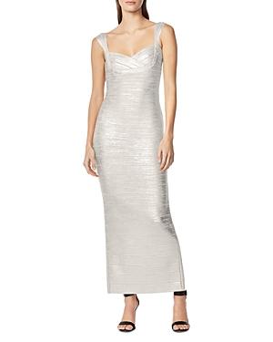 Herve Leger Sweetheart Neck Banded Foil Gown