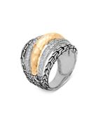 John Hardy Sterling Silver & 18k Yellow Gold Classic Chain Diamond Pave Dome Ring