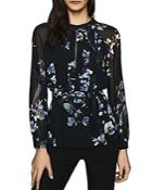 Reiss Tie-neck Pleated Floral-print Top