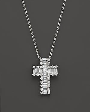 Round And Baguette Diamond Cross Pendant Necklace In 14k White Gold, .55 Ct. T.w.