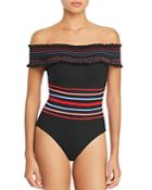 Red Carter In Stitches Smocked Off-the-shoulder One Piece Swimsuit