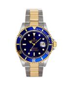 Pre-owned Rolex Stainless Steel And 18k Yellow Gold Two Tone Submariner Watch With Blue Dial, 40mm