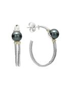 Lagos 18k Gold And Sterling Silver Luna Cultured Freshwater Black Pearl Hoop Earrings