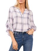 Vince Camuto Plaid Print Ruffle Sleeve Henley Top