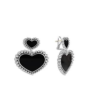 Lagos Sterling Silver Maya Onyx Inlay Heart Drop Earrings
