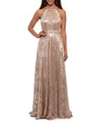 Aqua Foil Knit Halter Gown - 100% Exclusive