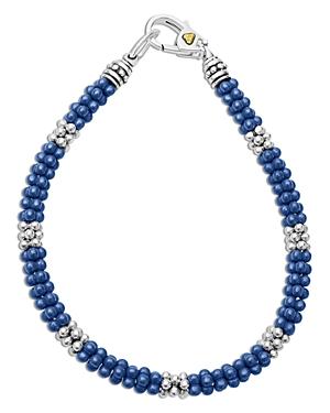 Lagos 18k Yellow Gold & Sterling Silver Blue Ceramic Caviar Bead Statement Bracelet