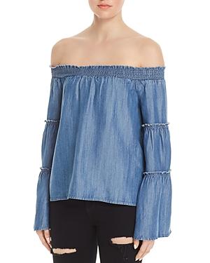 Honey Punch Bell Sleeve Off-the-shoulder Chambray Top