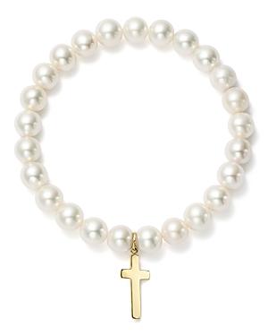 Bloomingdale's Cultured Freshwater Pearl Cross Charm Stretch Bracelet In 14k Yellow Gold - 100% Exclusive