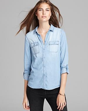 Aqua Shirt - Crochet Back Chambray