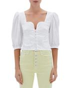 Jonathan Simkhai Thea Cotton Oxford Smocked Puff Sleeve Top