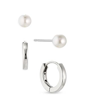 Nadri La Vie Nacre Pearl Stud & Huggie Hoop Earrings In Rhodium Plated, Set Of 2