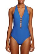 Tory Burch Solid Plunging One Piece Swimsuit