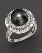 Diamond And Tahitian Pearl Ring In 14k White Gold, 0.814 Ct. T.w.