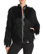 Theory Leather & Faux Mongolian Fur Bomber Jacket