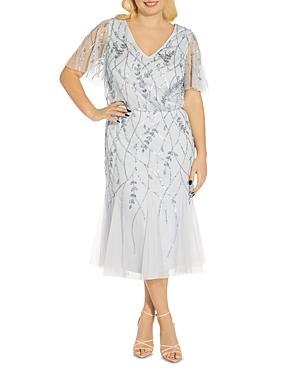 Adrianna Papell Plus Beaded V Neck Cocktail Midi Dress