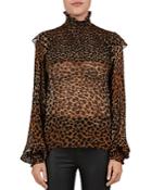 The Kooples Smocked Leopard-print Silk Blouse