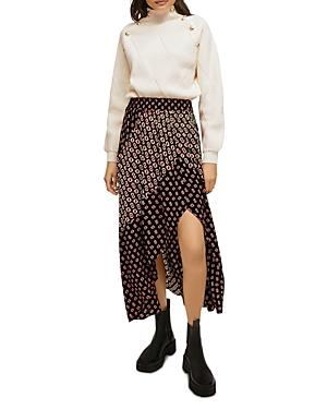 Maje Notched Monogram Print Midi Skirt