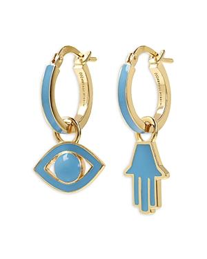Netali Nissim Enamel Hamsa Hand & Eye Mismatched Dangle Mini Hoop Earrings
